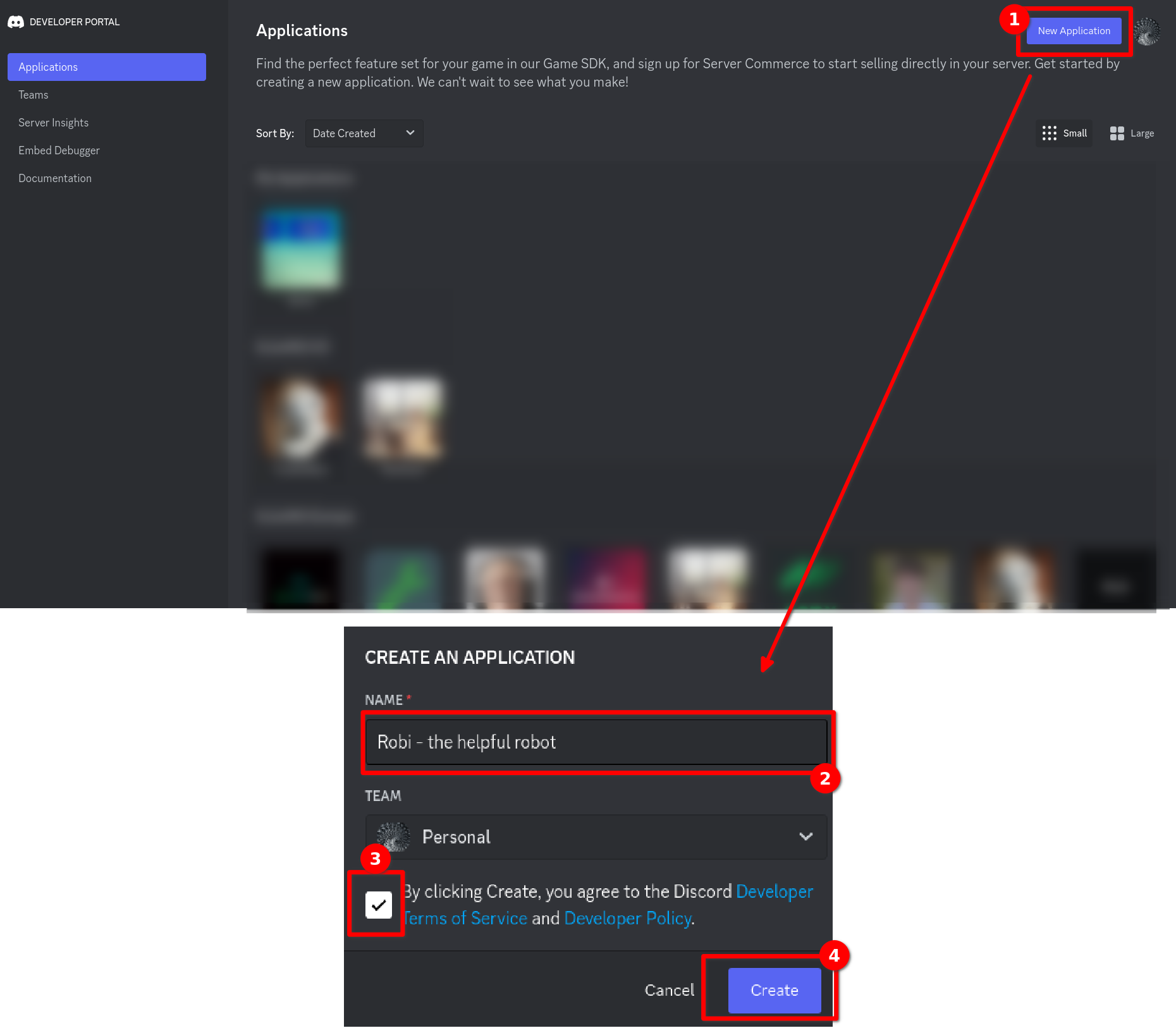 This screenshot shows how to create a new application in the Discord Developer Portal