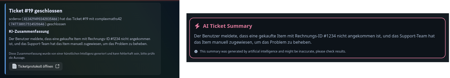 Screenshot einer KI-Zusammenfassung eines Tickets